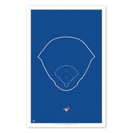 Poster print featuring minimalist line art rendering of Rogers Centre, home of the Blue Jays. The line work has been done in white on a blue background. Jays team logo is below the illustration. 