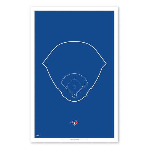 Poster print featuring minimalist line art rendering of Rogers Centre, home of the Blue Jays. The line work has been done in white on a blue background. Jays team logo is below the illustration. 