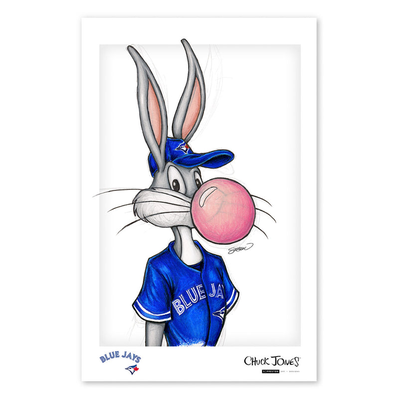 Poster print featuring a pencil illustration of Bugs Bunny blowing bubbles with pink chewing gum and wearing the Toronto Blue Jays uniform. The Blue Jays and Chuck Jones licensing logos are at the bottom of the poster, as well as artist S. Preston's name and brandmark.