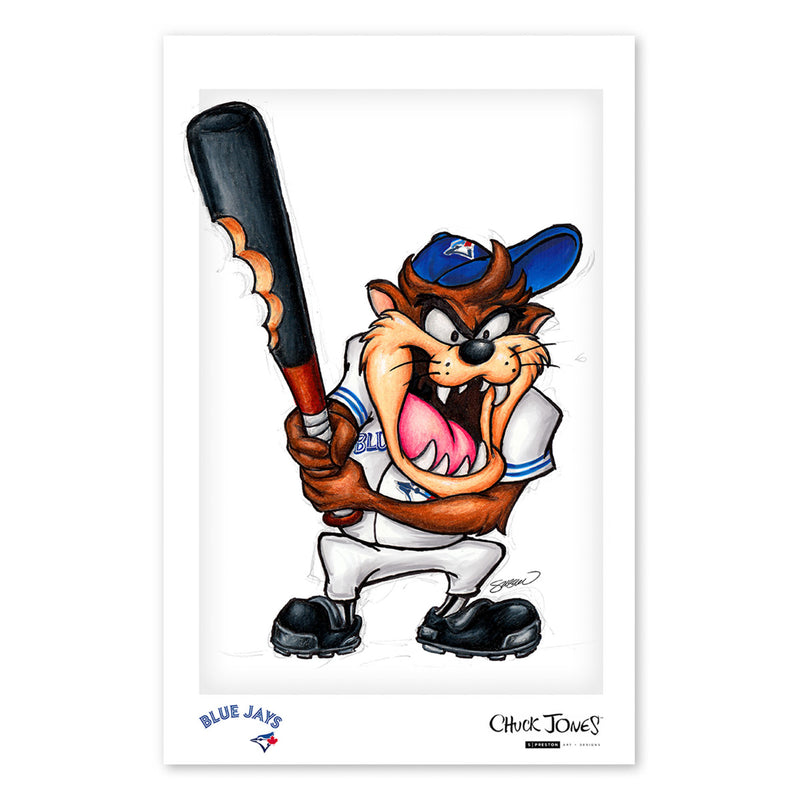 Poster print featuring an illustration of the Tazmanian Devil up to bat in the Toronto Blue Jays uniform, his bat has a large bite out of it. The bottom of poster has Toronto Blue Jays and Chuck Jones licensing logos, and artist S. Preston's name and brandmark. 