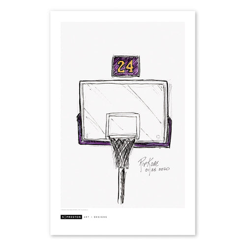 Poster print with a pen and ink sketch of a basketball net with number 24 sign in yellow and purple. Handwritten text reads "RIP KOBE 01 26 2020". Bottom of print has artist S. Preston's brandmark.