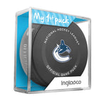 Official Vancouver Canucks NHL game puck in blue "My First Puck" design puck cube. 