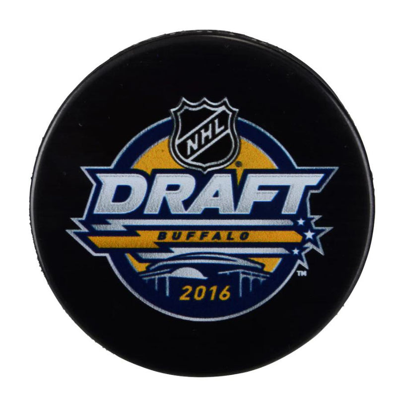 Unsigned black hockey puck featuring the 2016 Buffalo NHL draft logo