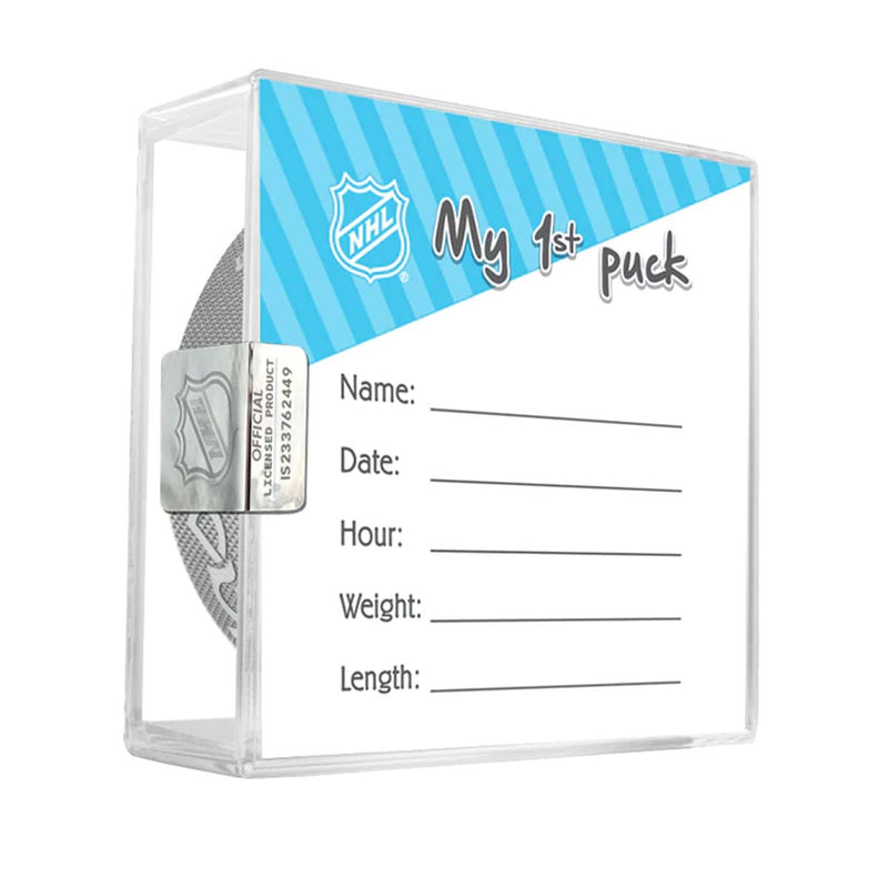 Back view of blue"My First Puck" packaging, which includes spaces to write baby's birth information, including time and date of birth, weight, and length.