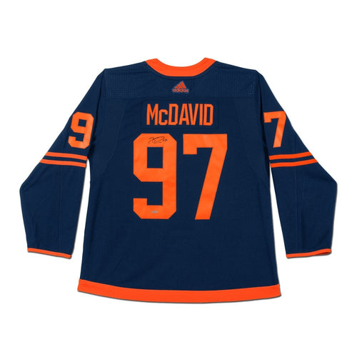 Back view of autographed Connor McDavid navy alternate Edmonton Oilers jersey