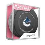 Official Vancouver Canucks game puck packaged in a clear puck cube with pick "My 1st Puck" packaging design. 