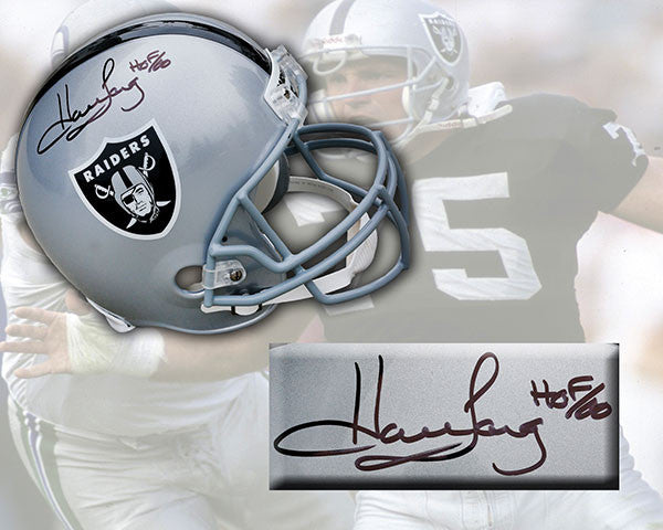 silver Los Angeles Raiders replica helmet signed by Howie Long, inset detail photo of signature 