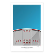 Poster print from artist S. Preston's collection of minimalist stadium art, this poster features a side view of Calgary's Scotiabank Saddledome. 