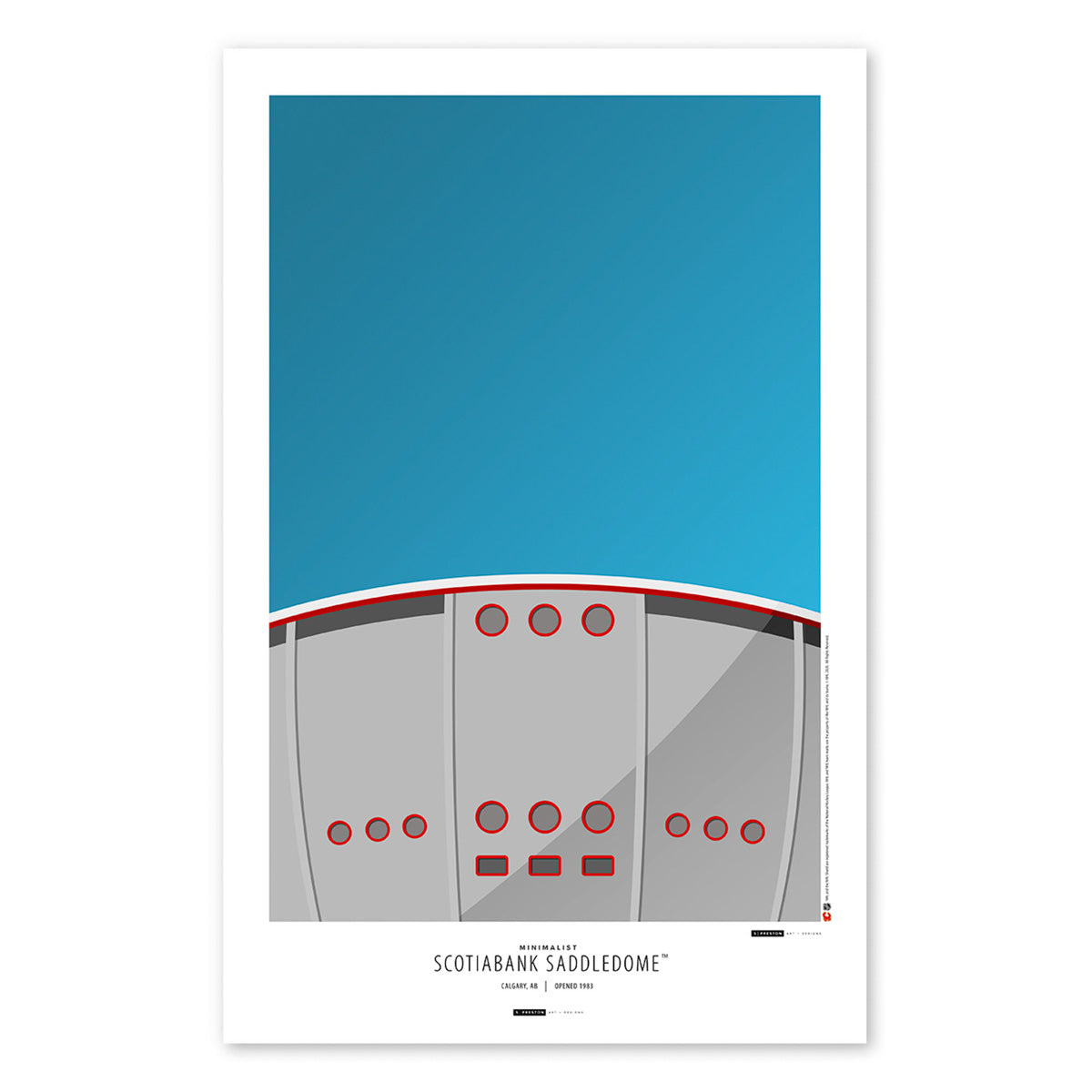 Poster print from artist S. Preston's collection of minimalist stadium art, this poster features a side view of Calgary's Scotiabank Saddledome. 