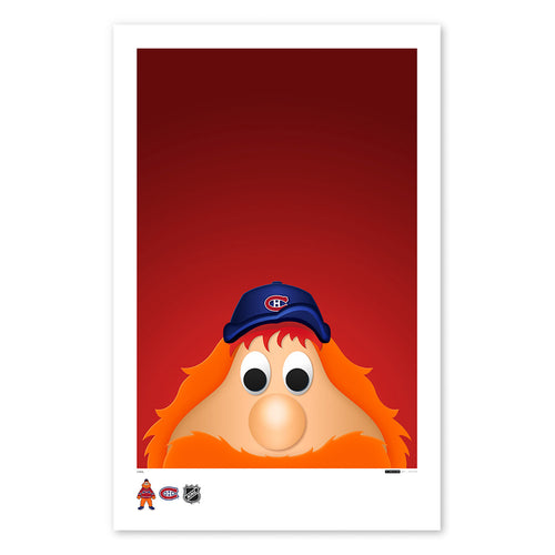 Poster print from artist S. Preston's collection of minimalist mascots, this print features a portrait of Youppi, the Montreal Canadien's mascot, peeking into frame. Poster has a red background,;