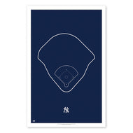 Poster print with minimalist outline design of the New York Yankees Stadium. Poster has dark navy background with white outline design. Team logo is below the outline design