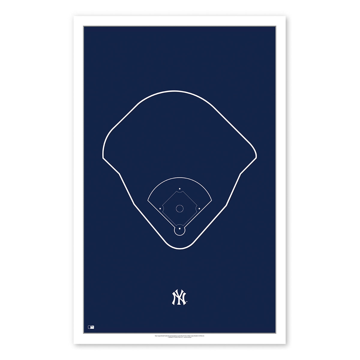 Poster print with minimalist outline design of the New York Yankees Stadium. Poster has dark navy background with white outline design. Team logo is below the outline design