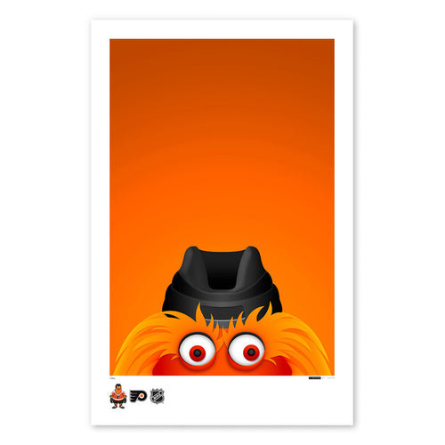 Poster print from artist S. Preston's collection of minimalist mascots, this print features a portrait of Gritty, the Philadelphia Flyers mascot. 