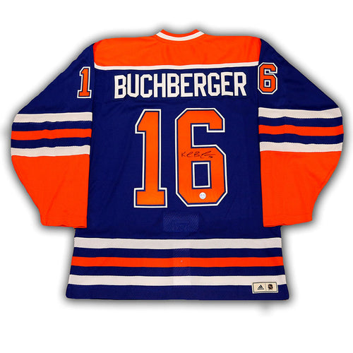 Back view of signed Edmonton Oilers vintage pro jersey with Kelly Buchberger name bar and autographed jersey numbers