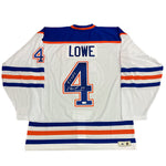 Back view of signed Kevin Lowe Edmonton Oilers vintage white jersey featuring inscription. Jersey is signed on the number 4 with the inscription "5 Cups"
