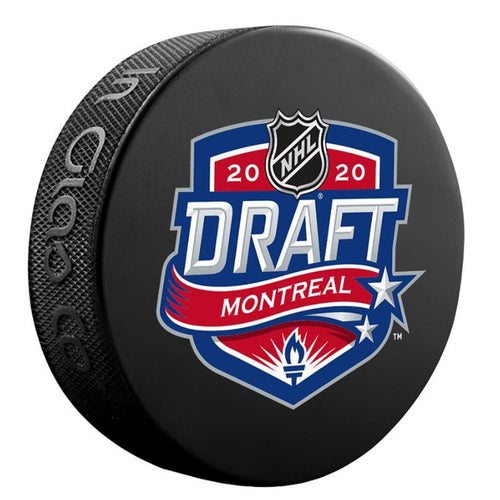 Unsigned black hockey puck featuring the 2020 Montreal NHL draft logo
