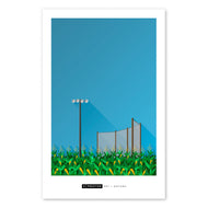 The baseball diamond and house from the film "Field of Dreams" is a popular tourist destination. Poster artwork shows a minimalist rendering of the cornfield, baseball fence and lights. Artist S. Preston's name and brand mark are present at the bottom centre of the print. 