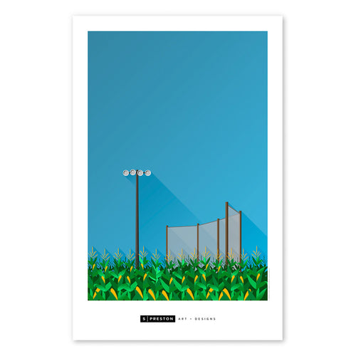 The baseball diamond and house from the film "Field of Dreams" is a popular tourist destination. Poster artwork shows a minimalist rendering of the cornfield, baseball fence and lights. Artist S. Preston's name and brand mark are present at the bottom centre of the print. 