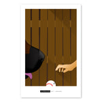 Poster print referencing the film "The Sandlot". Design features smiling dog's snout and child's hand reaching for a baseball in front of a brown fence. Artist S. Preston's name and brandmark are at the bottom centre of the print.