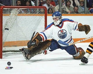 Andy Moog Edmonton Oilers Autographed Home Action Kick Save 11x14 Photo
