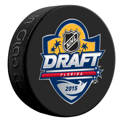 Unsigned black hockey puck featuring the 2015 Florida NHL draft logo 