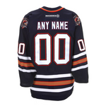 Back view of an Edmonton Oilers "Oil Man" NHL jersey featuring navy with gold and white stripes, red and black double outline on cresting, and Oil Man patches on shoulders