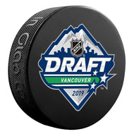 Unsigned black hockey puck featuring the 2019 Vancouver NHL draft logo