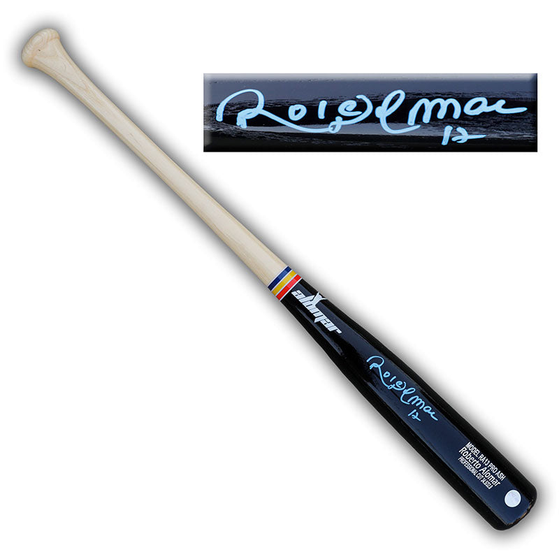 Replica game model baseball bat signed by Roberto Alomar Toronto Blue Jays; inset photo shows detail of signature in light blue ink