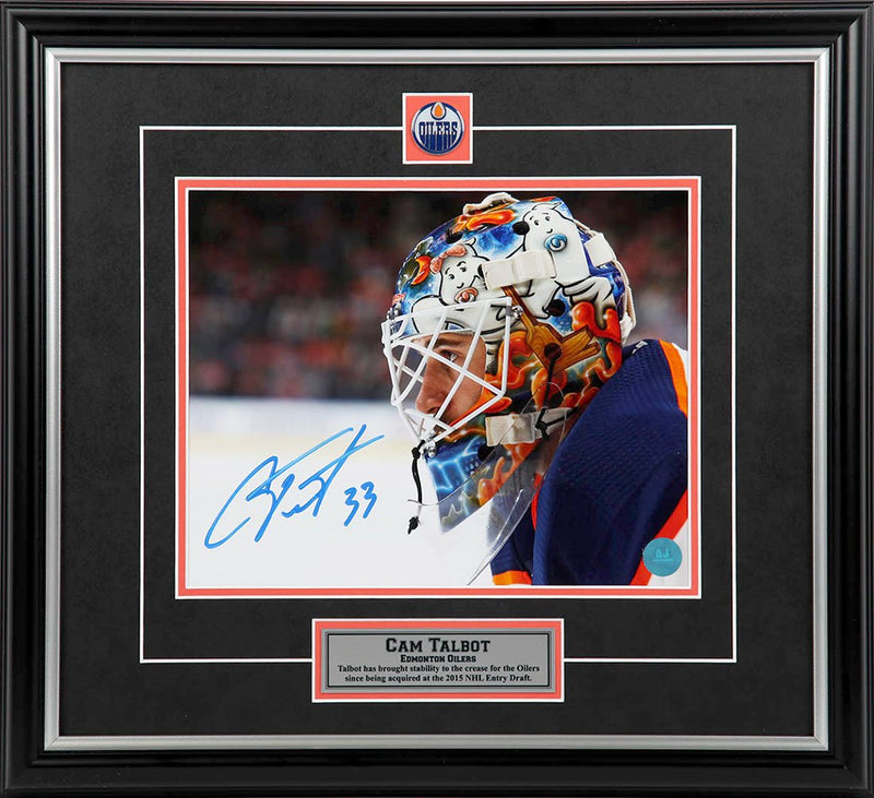Custom framed signed photo of Edmonton Oilers goalie Cam Talbot in goalie mask, featuring black and orange mat and inset Oilers crest