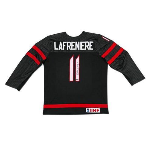 Back view of black signed Alexis Lafreniere Team Canada hockey Nike jersey 