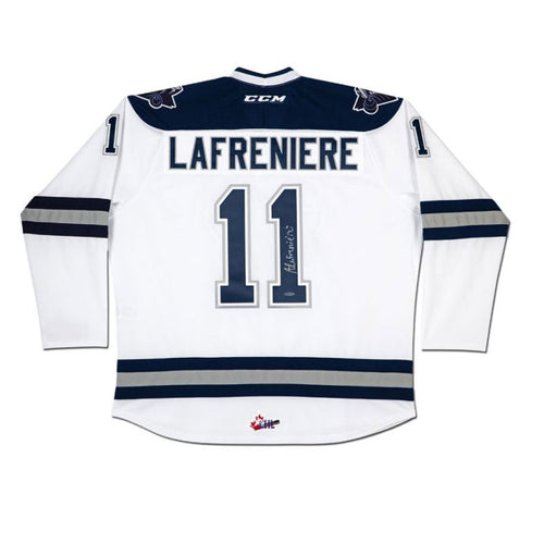 Back view of white Rimouski Oceanic CCM jersey signed by Alexix Lafreniere