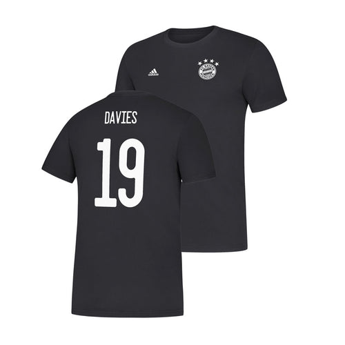Front and back views of black shirt with jersey numbers and name of Alphonso Davies adidas FC Bayern Munich Name and Number