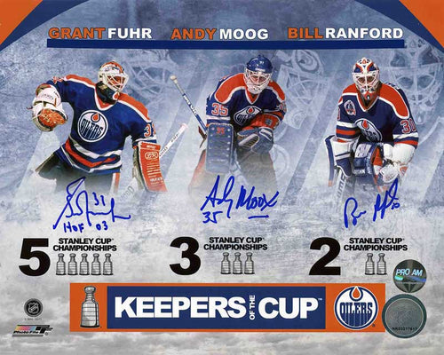 Andy Moog, Grant Fuhr, & Bill Ranford Edmonton Oilers "Keepers of the Cup" Triple autographed 16x20 photograph. Each player is shown in their jersey and pads, their names above and thei number of Stanley Cups they've won below. Signatures are done in blue ink. 