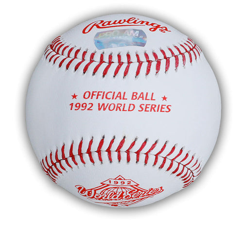 Back of Roberto Alomar signed official world series baseball showing 1992 world series design and Pro Am Sports hologram of authenticity
