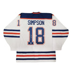 Back view of Craig Simpson signed white vintage pro Edmonton Oilers jersey 