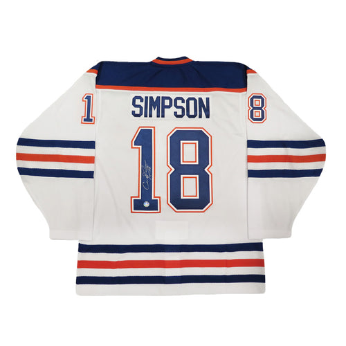 Back view of Craig Simpson signed white vintage pro Edmonton Oilers jersey 