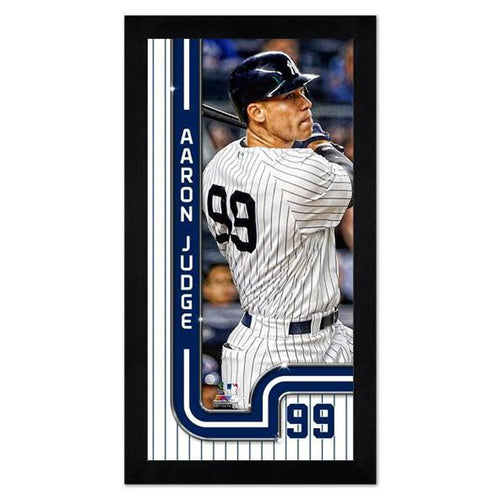 Framed image of Aaron Judge of the New York Yankees at bat with blue and white decorative accents
