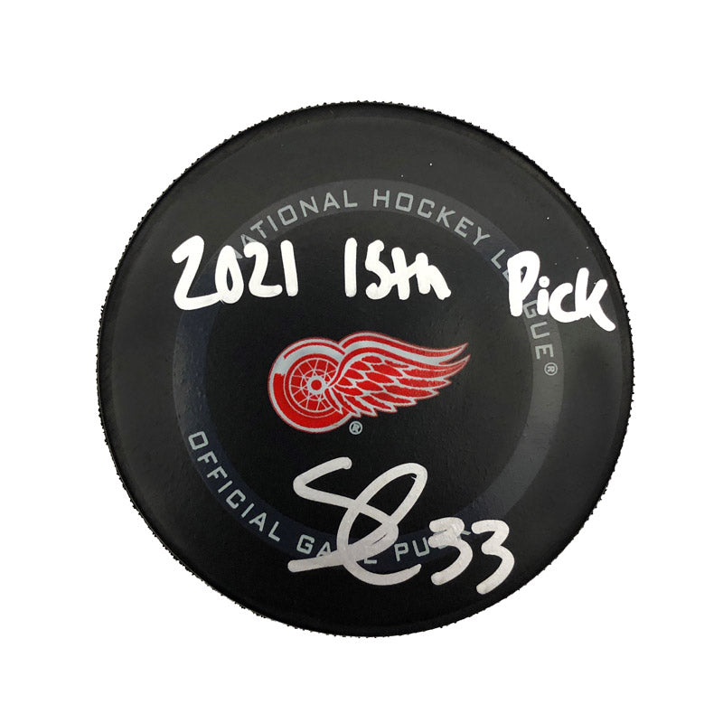 Sebastian Cossa Detroit Red Wings Autographed/Inscribed "2021 15th Pick" Official NHL Game Puck