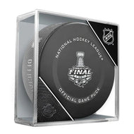 Unsigned official NHL game puck with silver 2020 Stanley Cup Final design in the center, stored in a clear protective cube case