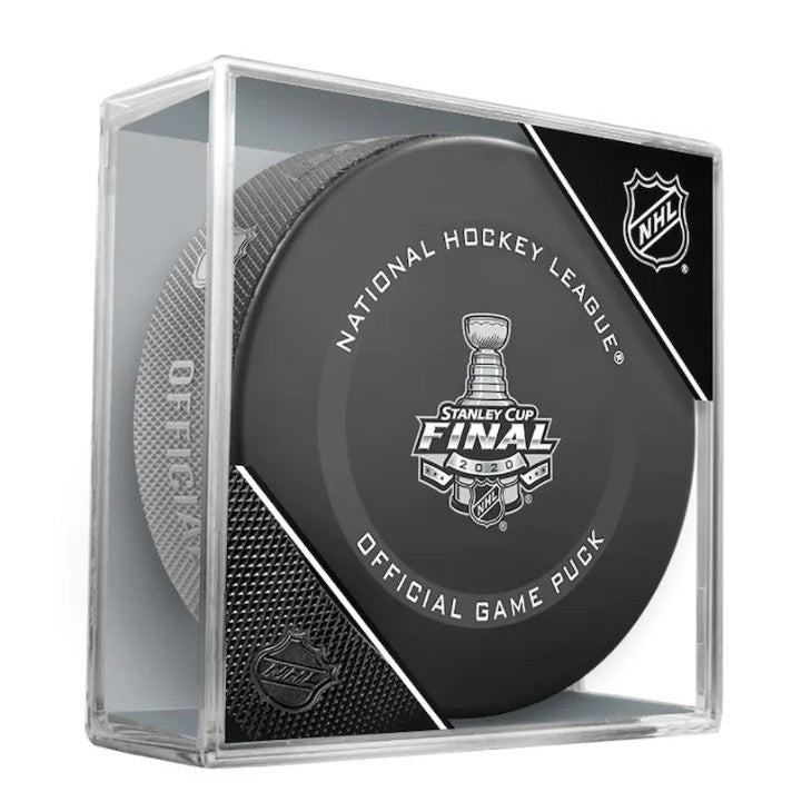Unsigned official NHL game puck with silver 2020 Stanley Cup Final design in the center, stored in a clear protective cube case